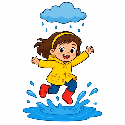 A girl in boots jumps in a puddle.
