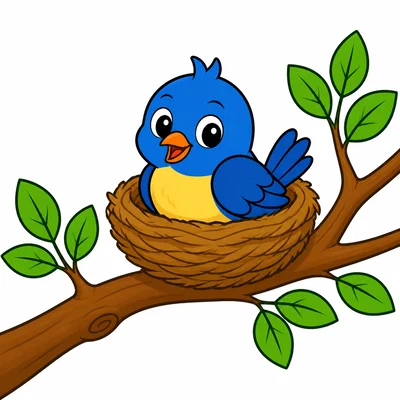 A bird sits in a nest in a tree.