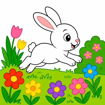 A rabbit hops across a garden.
