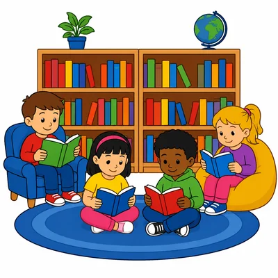 Children read books in a library.