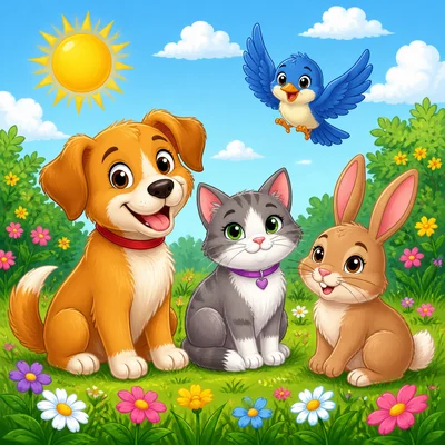 Several friendly animals sit together outside.