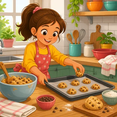 A child bakes cookies in a kitchen.