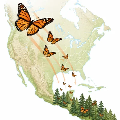 Monarch butterflies migrating south across a simplified map toward forests.