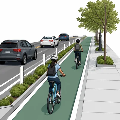 Cyclists ride in a protected bike lane on a city street with cars and trees nearby.