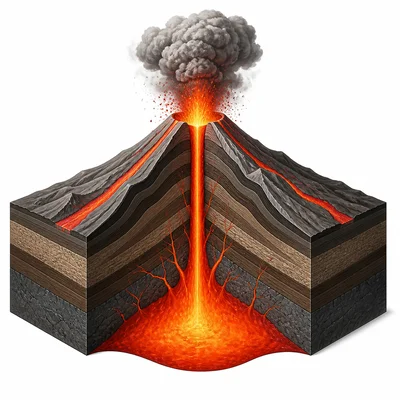 Cutaway diagram of a volcano showing magma rising and erupting at the surface.