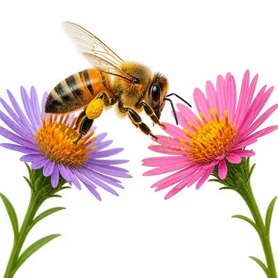 A honeybee carries pollen between two flowers.