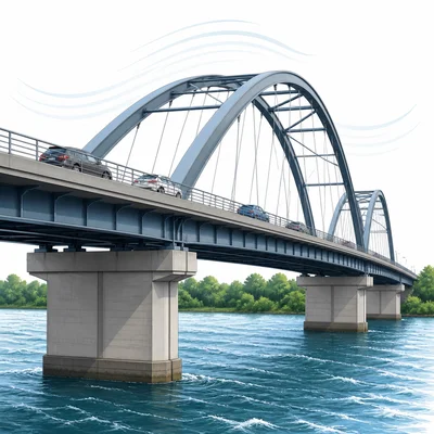 A modern bridge spans a river and supports cars.