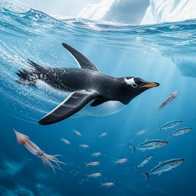 A penguin swims underwater using its wings as flippers.