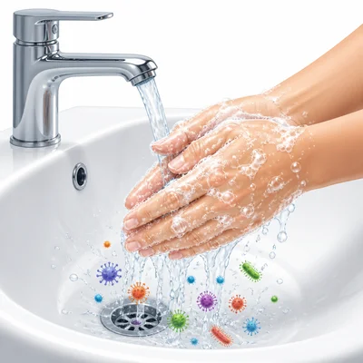 Hands are washed with soap and water to remove germs.