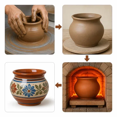A clay pot is shaped, dried, fired in a kiln, and glazed.