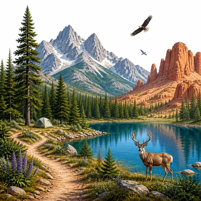 A national park protects forests, mountains, lakes, and wildlife.