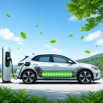 An electric car charges at a charging station.
