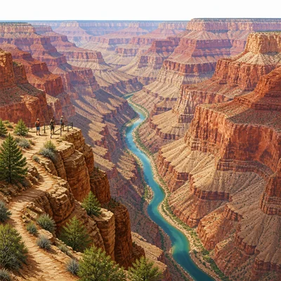 A large canyon with rock layers and a river below.