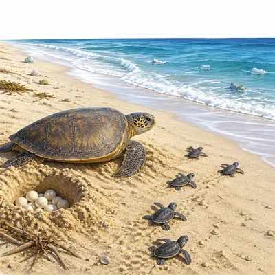 Baby sea turtles crawl from a beach nest toward the ocean.