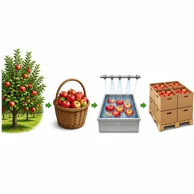 Apples move from orchard trees to washing and packing.