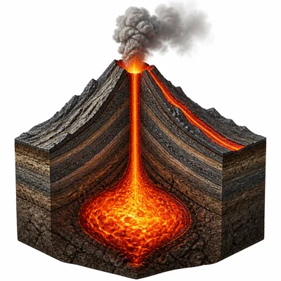 A cutaway volcano shows magma underground and lava at the surface.