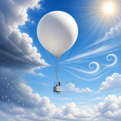 A weather balloon carries instruments high above the clouds.
