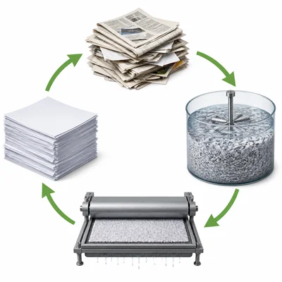 Old paper is recycled into new paper through pulping and pressing.