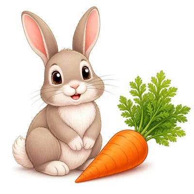 A cute rabbit sitting beside a carrot.
