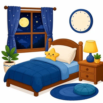 A cozy bed at night with a moon and a blank clock.
