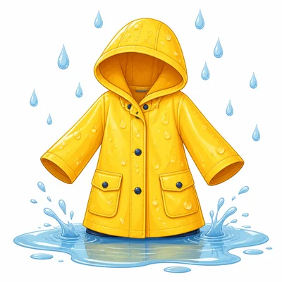 A yellow raincoat with raindrops and a puddle.
