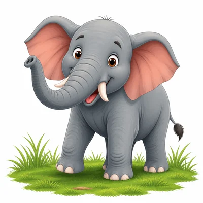 A friendly elephant standing on grass.