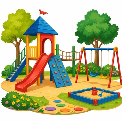 A colorful playground with a slide and swings.