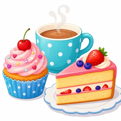 A cupcake with a cup and a slice of cake nearby.