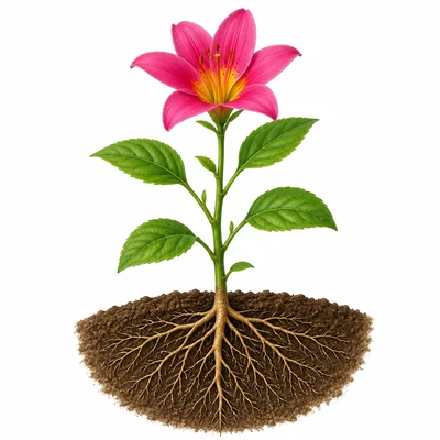 A flower plant showing petals, stem, leaves, and roots in soil.