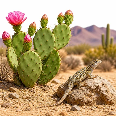 A lizard sits near a cactus in a desert habitat.