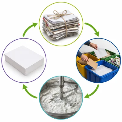 A paper recycling process diagram with arrows connecting each step.