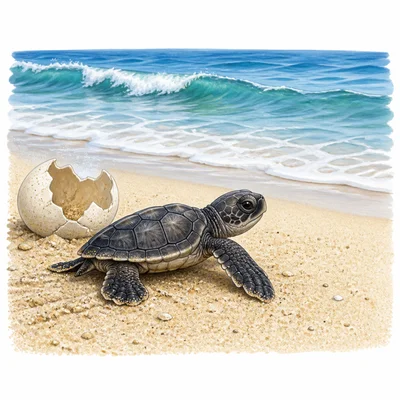 A baby sea turtle crawls across sand toward the ocean.