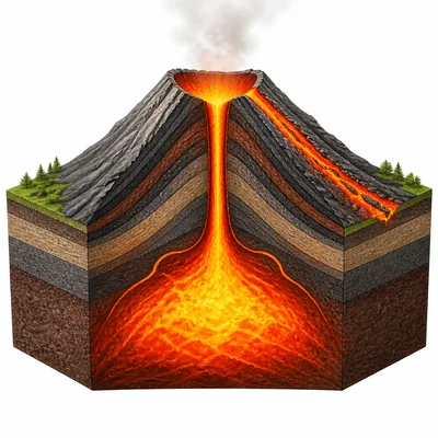 A cutaway diagram of a volcano showing magma, vent, crater, and lava flow.
