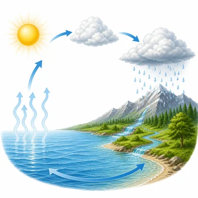 A water cycle diagram with sun, clouds, rain, water, and arrows.