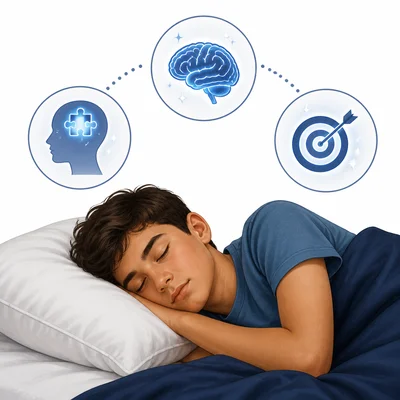 A sleeping student with icons suggesting brain health, memory, and focus.