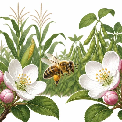A bee carrying pollen between flowers with crop plants in the background.