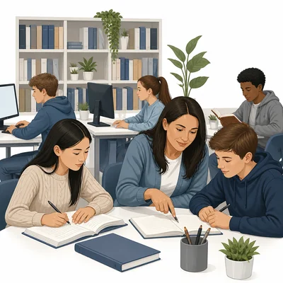 Students studying in a library with computers and a tutor helping with homework.