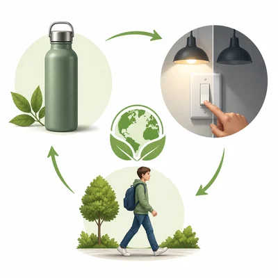 A reusable bottle, a light being switched off, and a student walking to show saving resources.