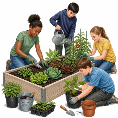 Students working together in a school garden with plants and gardening tools.