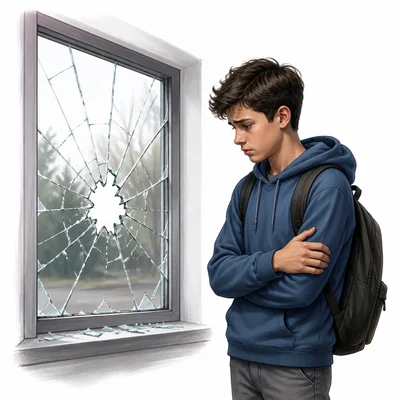 A worried student stands beside a broken window, suggesting an internal struggle.