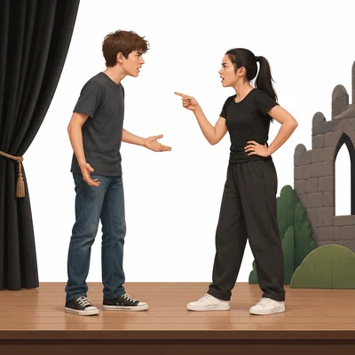 Two students argue on a school stage over the same lead role.