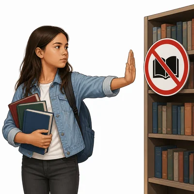 A girl holding books refuses to follow a rule blocking access to books.