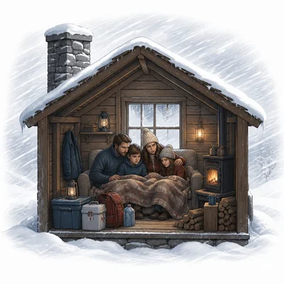 A family huddles in a cabin trapped by a powerful blizzard.