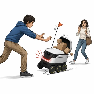 A person tries to stop a malfunctioning delivery robot before it causes harm.