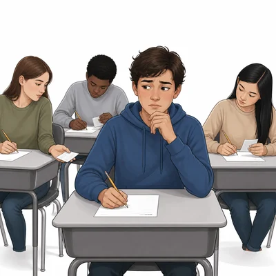 A student looks conflicted while classmates cheat during a test.