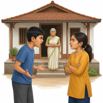 A brother and sister argue in front of their grandmother's house.
