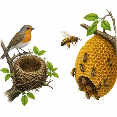 A bird with a nest and a bee with a hive.
