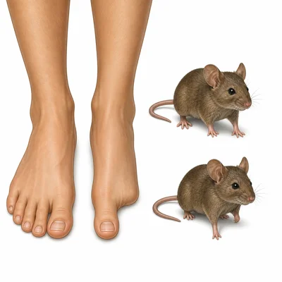 A pair of feet with one foot, and several mice with one mouse.