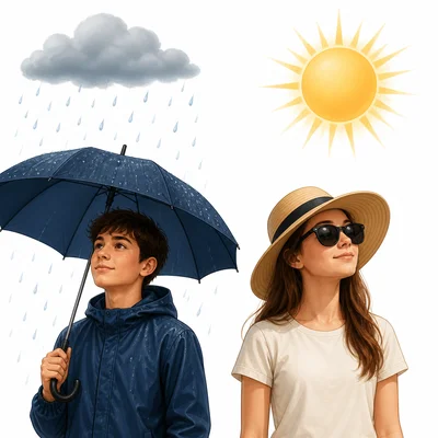An umbrella protects from rain, while sunglasses and a hat protect from sun.