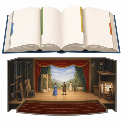 A book with sections and a staged scene.